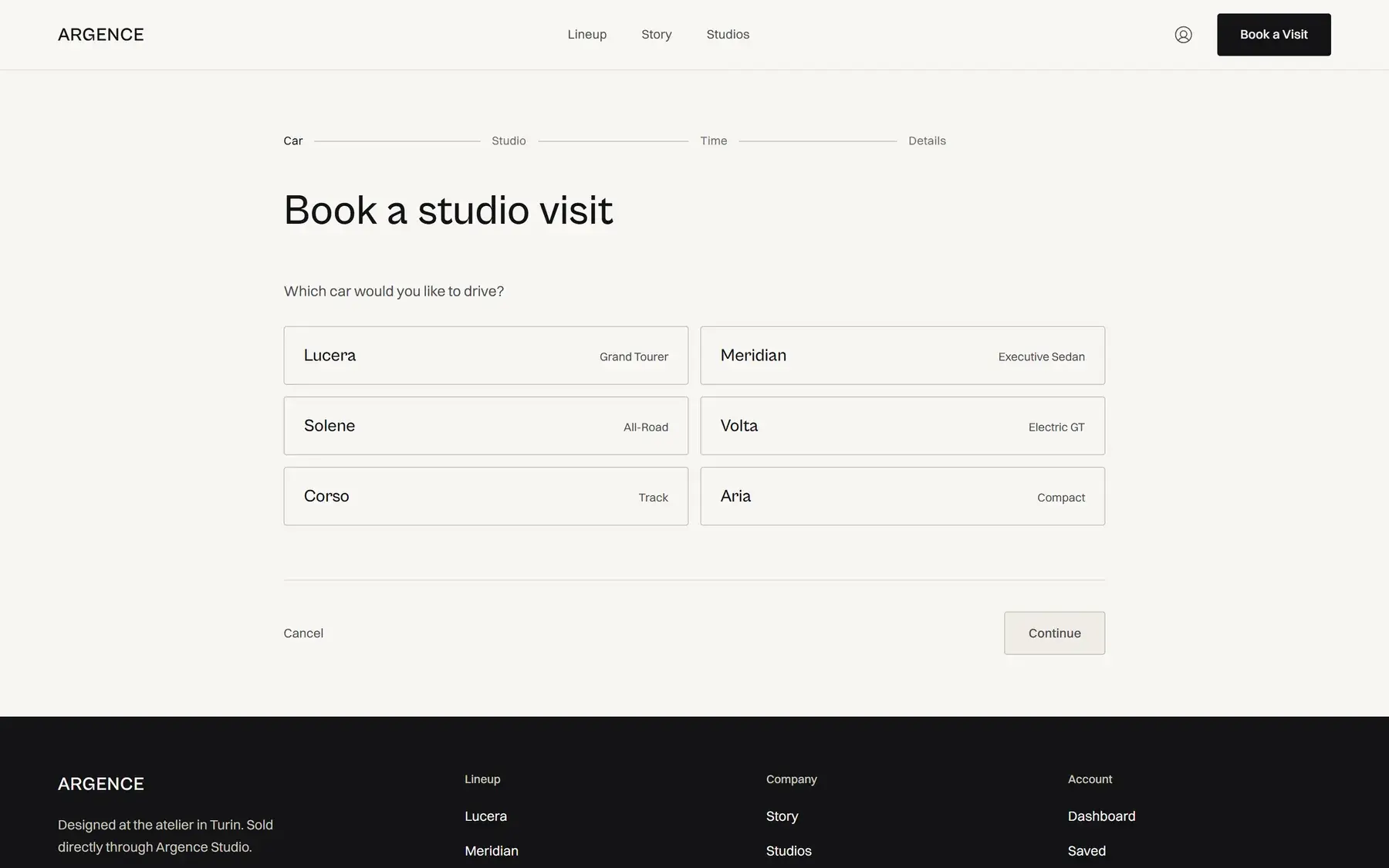 The Argence booking flow, step one of four: choosing which car to drive from six models.
