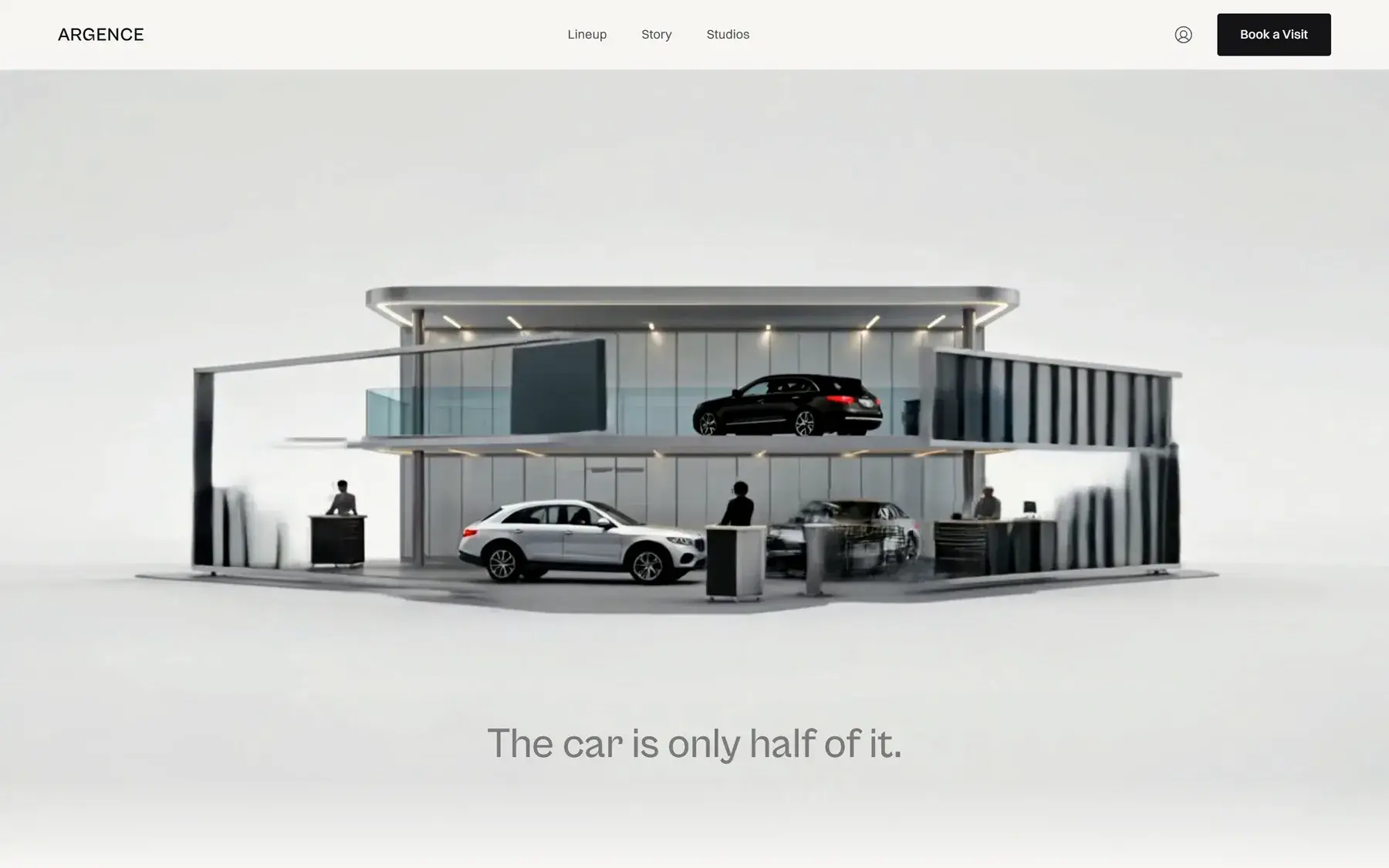 The scroll-driven sequence at the point the studio building opens up, with the line 'The car is only half of it.'