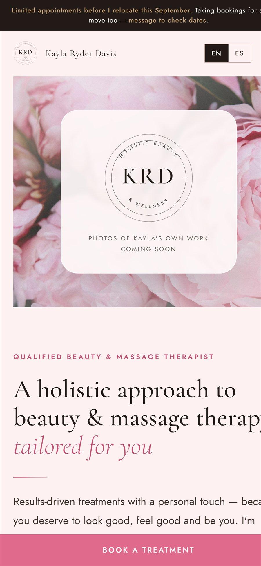 The Kayla Ryder Davis homepage on a phone, with the headline and booking button visible without scrolling.