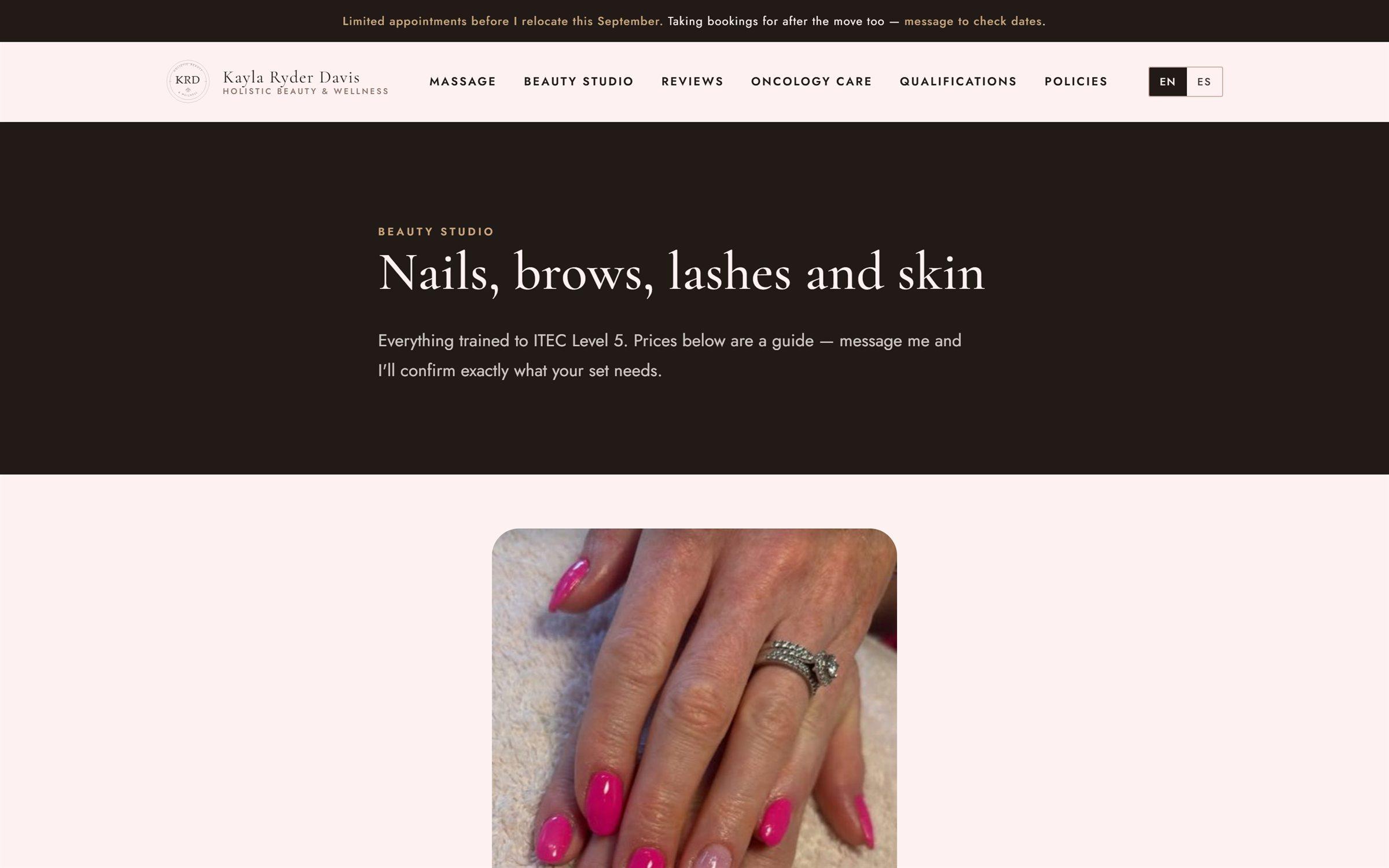 The beauty studio page listing treatments with descriptions and prices.
